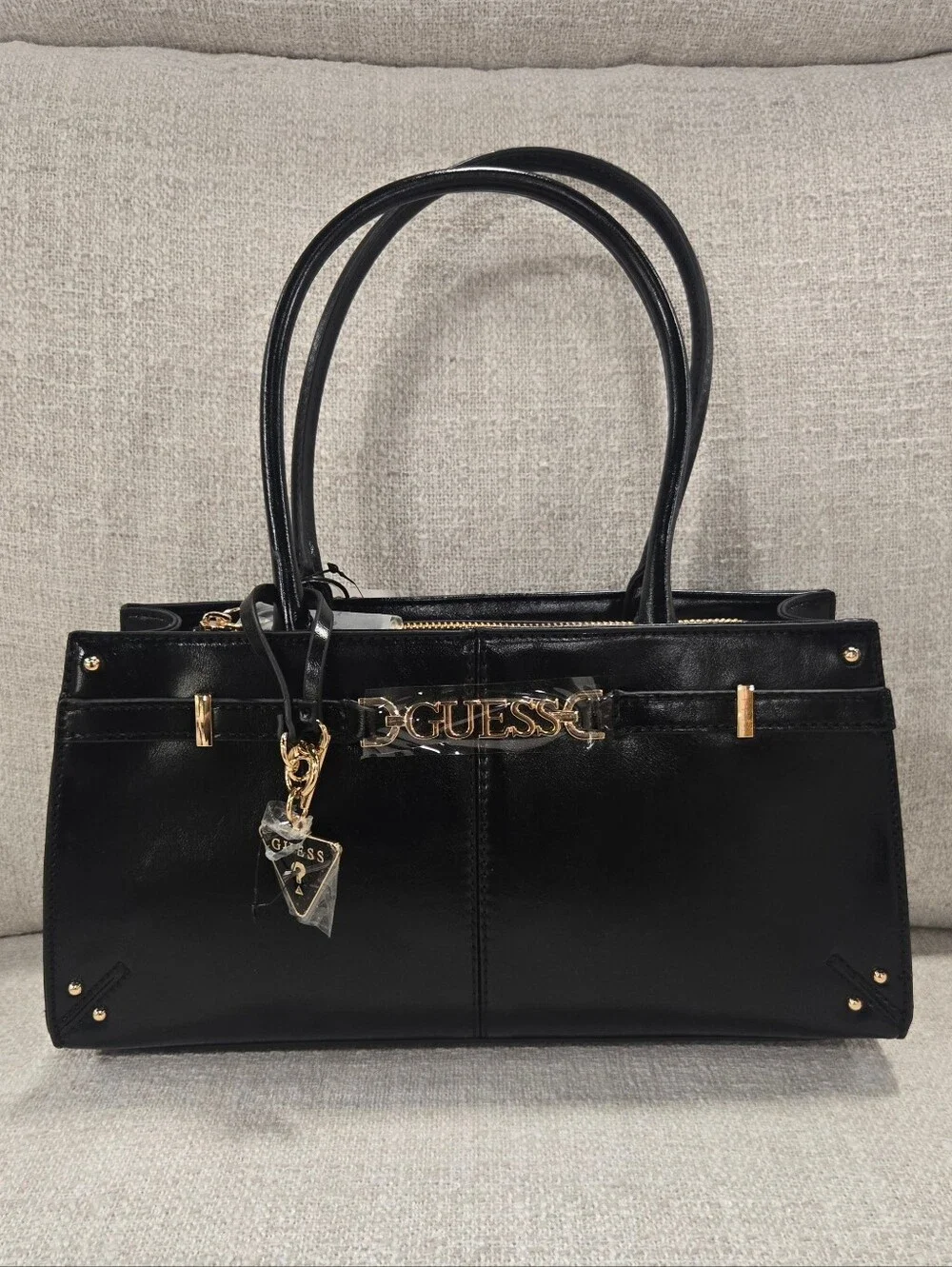 GUESS Black Satchel with Gold Logo Accent